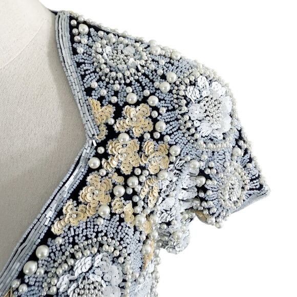 Vtg 90s Nite Line Black & White All Over Beaded Full Length Evening Gown Size S - Picture 3 of 8